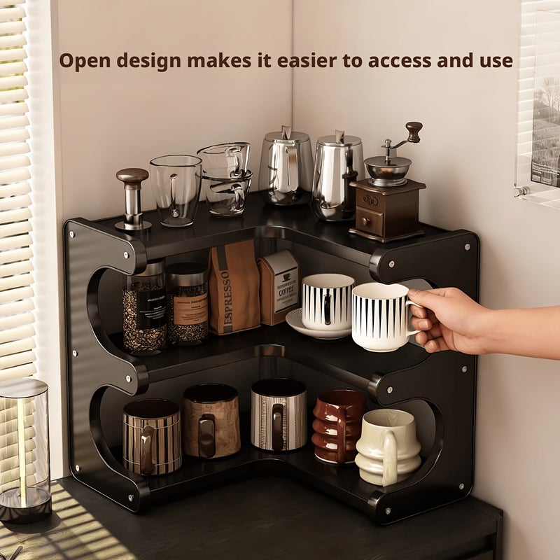 Corner Black Storage Shelf, Available in Two or Three Tiers, a Kitchen Coffee Corner Storage Organizer for Cups, Spice Jars, and More. Also Suitable as a Bathroom Cosmetics or Desktop Organizer. Ideal for Sideboards, Desks, or Vanity Countertops. - Image 4