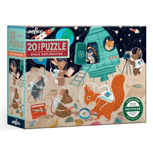 eeBoo Space Exploration 20 Piece Puzzle 15 x 11 Kids Jigsaw Oversized Glossy Pieces Animals On The Moon Preschool Puzzle Age 3 - Image 1
