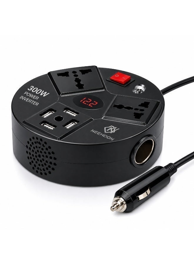 NEEHOON 300W Car Power Inverter 12V DC to 220V AC with Dual Universal AC Outlets, 4 USB Ports, LED Voltage Display & Extra Cigarette Lighter Socket for Laptop, Phones & Travel - Image 1