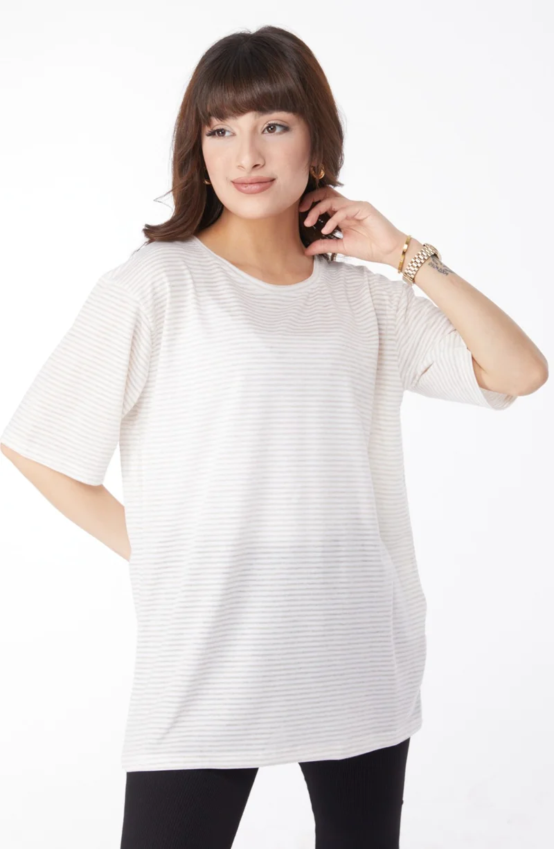 Tofisa Plain Crew Neck Women's Beige Striped T-Short - 25119