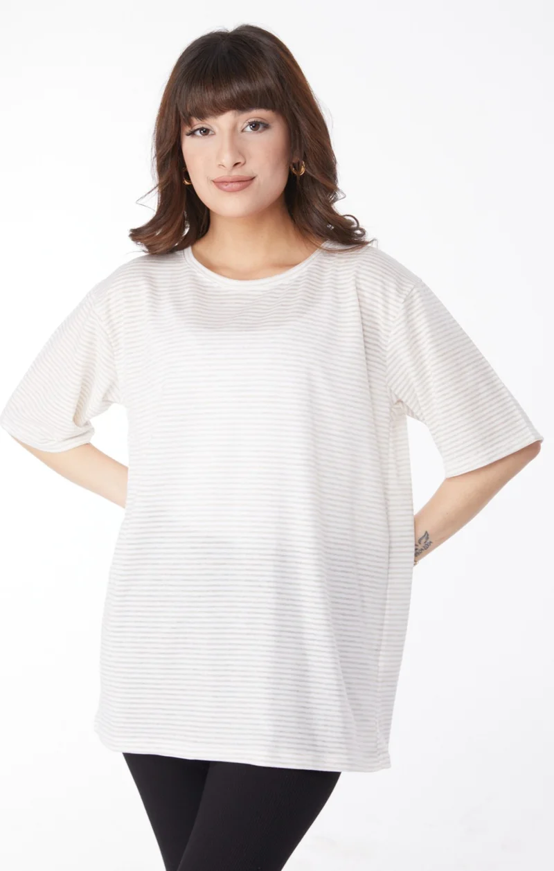 Tofisa Plain Crew Neck Women's Beige Striped T-Short - 25119