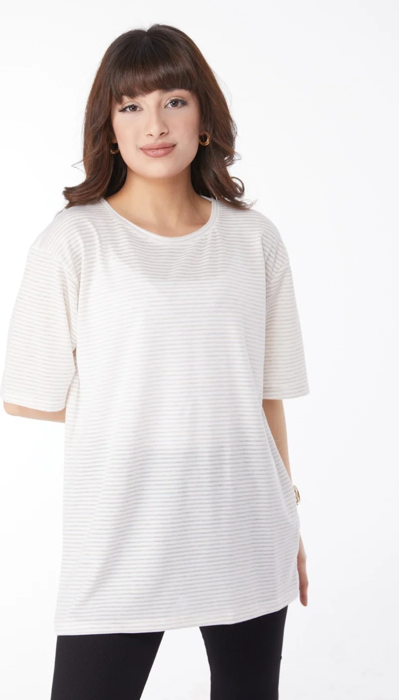 Tofisa Plain Crew Neck Women's Beige Striped T-Short - 25119