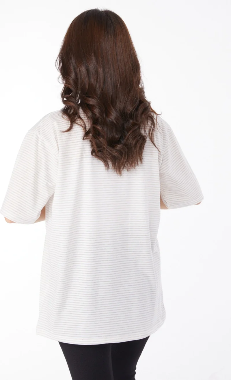 Tofisa Plain Crew Neck Women's Beige Striped T-Short - 25119