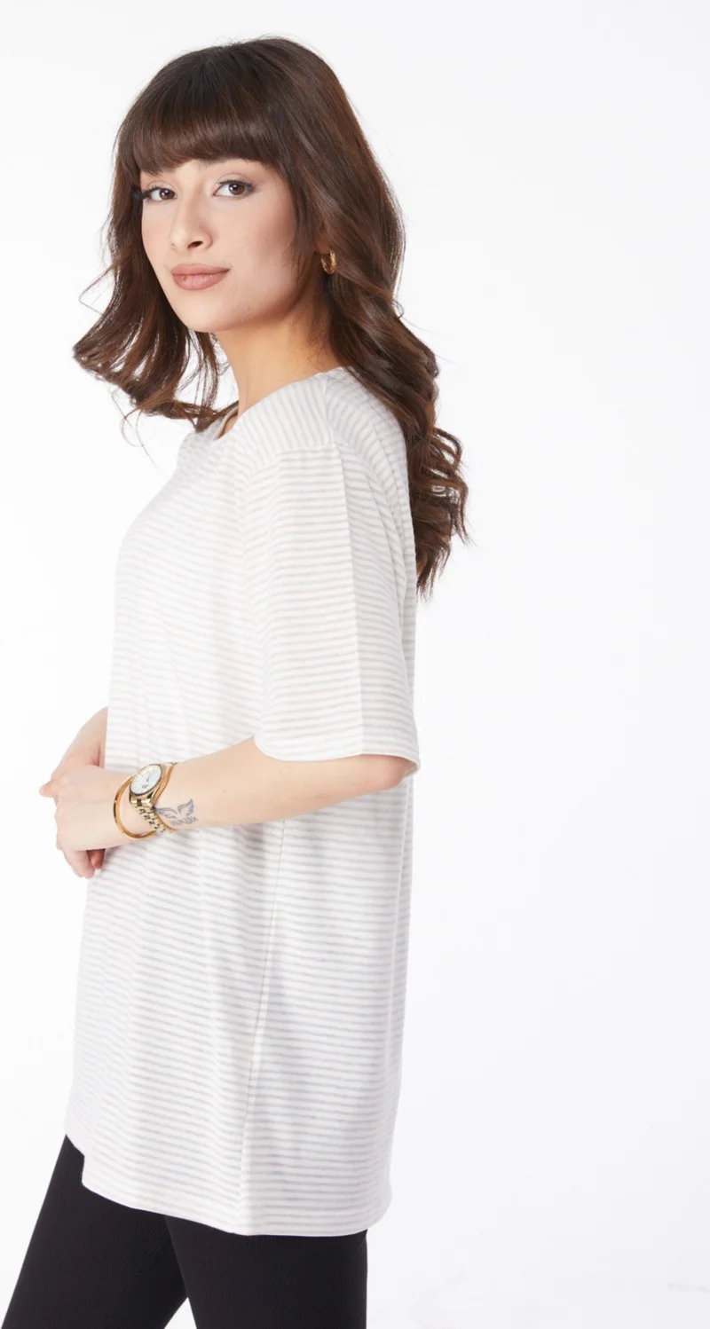 Tofisa Plain Crew Neck Women's Beige Striped T-Short - 25119