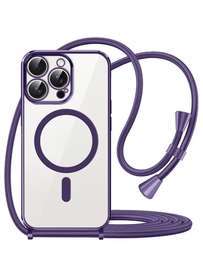 For IPhone 16 Pro Max Soft TPU Case With Magnetic Adsorption Adjustable Crossbody Strap Neck Cord Lanyard And Wrist Tether Safety Straps For IPhone 16 Pro Max (Purple) - Image 1