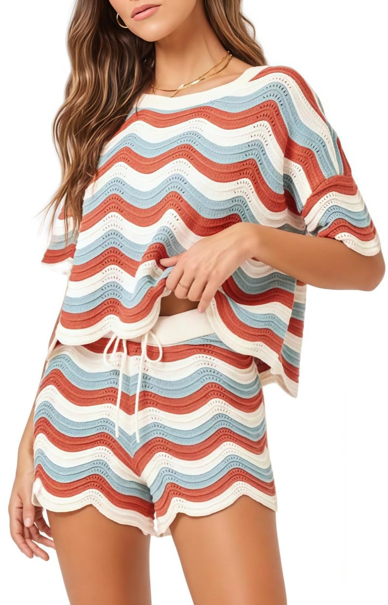 NIFTRIRY 2 Piece Sets for Women Short Sleeve Striepd Crochet Cover Up and Shorts with Drawstring Beach Vacation Clothes - Image 1
