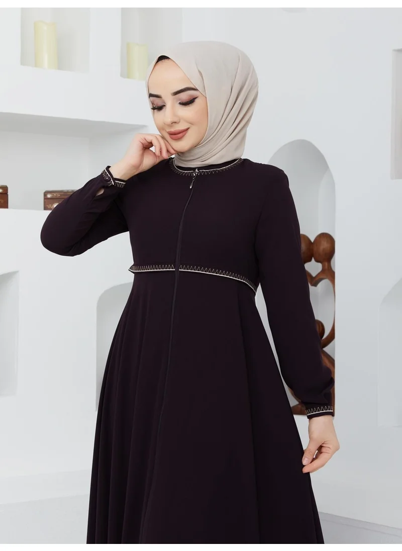 Kmk Kombin KMK Combined Summer Mevlana Model Sleeve and Waist Patterned Flared Abaya Topcoat