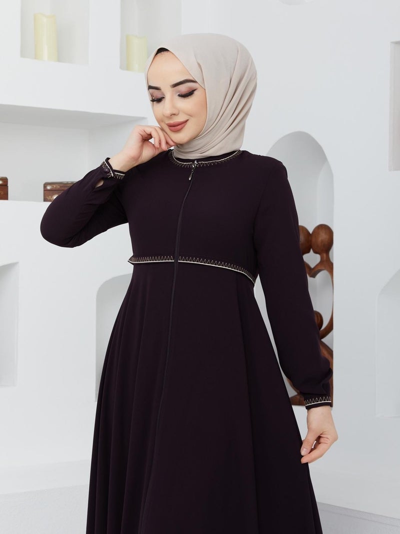 KMK Kombin KMK Combined Summer Mevlana Model Sleeve and Waist Patterned Flared Abaya Topcoat  - Image 2