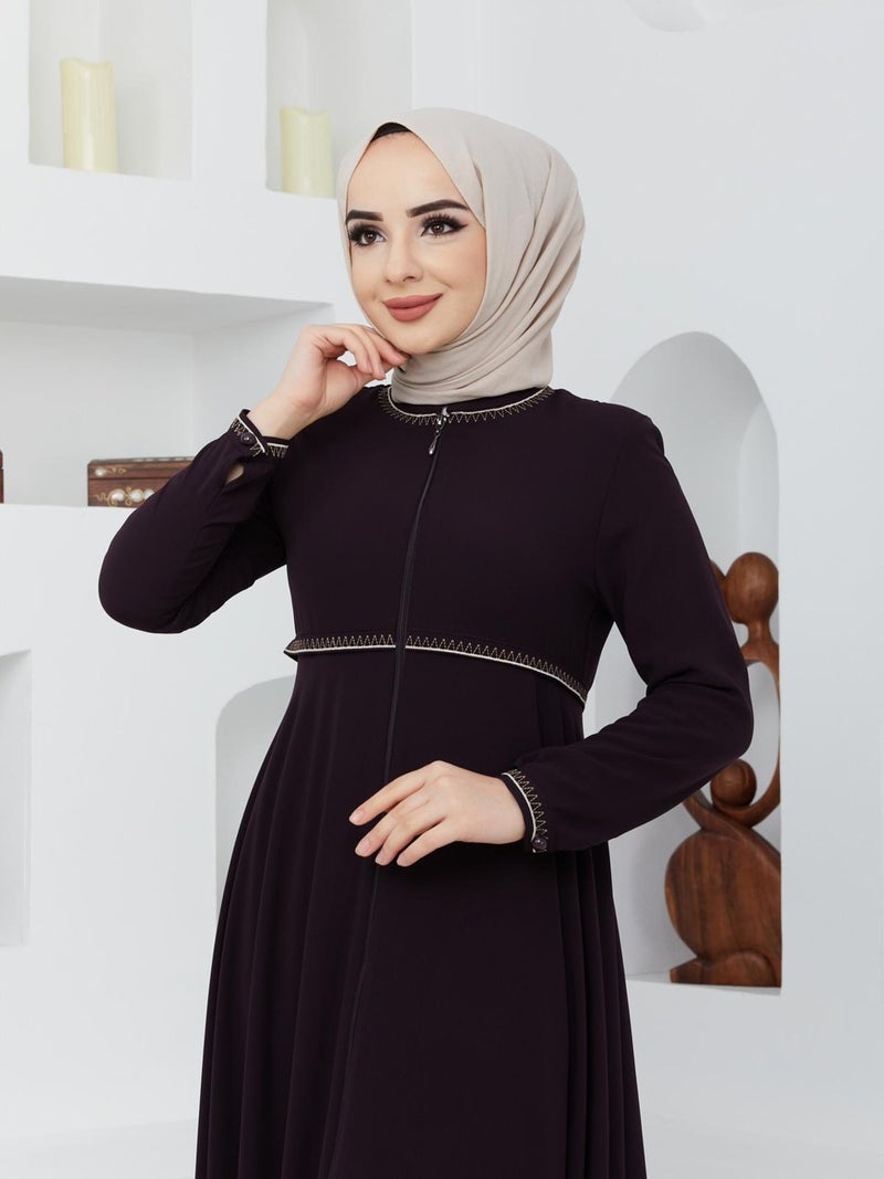 KMK Kombin KMK Combined Summer Mevlana Model Sleeve and Waist Patterned Flared Abaya Topcoat  - Image 3