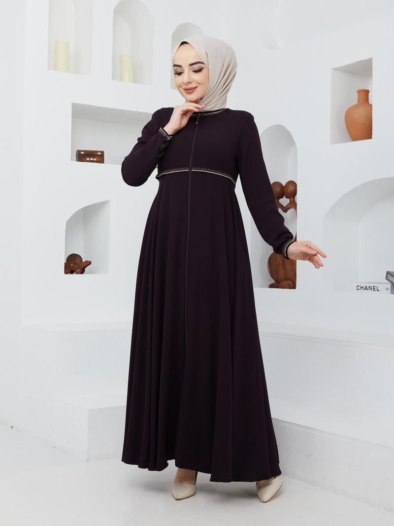 KMK Kombin KMK Combined Summer Mevlana Model Sleeve and Waist Patterned Flared Abaya Topcoat  - Image 1