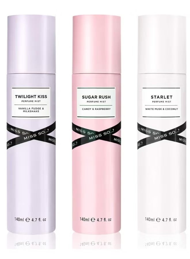 So..? Miss So...? Women's Perfume Mist & Body Mist Bundle | 140ml | Pack of 3 | Includes Twilight Kiss, Sugar Rush & Starlet | Sweet, Fruity & Floral Scents | Long-Lasting & Fun Everyday Fragrance Sprays - Image 1