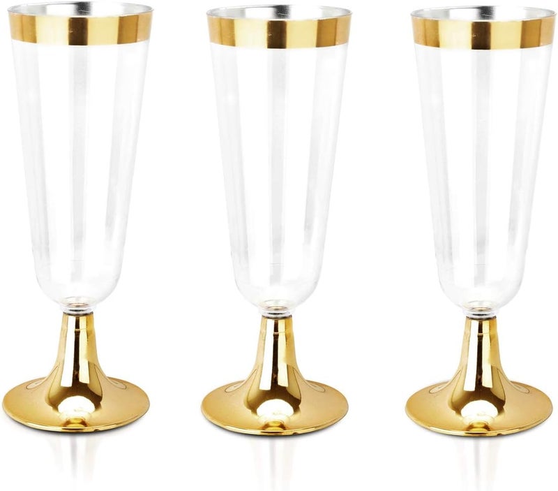 bUCLA 100 Pack Gold Plastic Champagne Flutes - 5OZ Plastic Champagne Glasses With Gold Rim - Premium Quality Gold Disposable Cups-Ideal for Thanksgiving Party, Weddings - Image 1