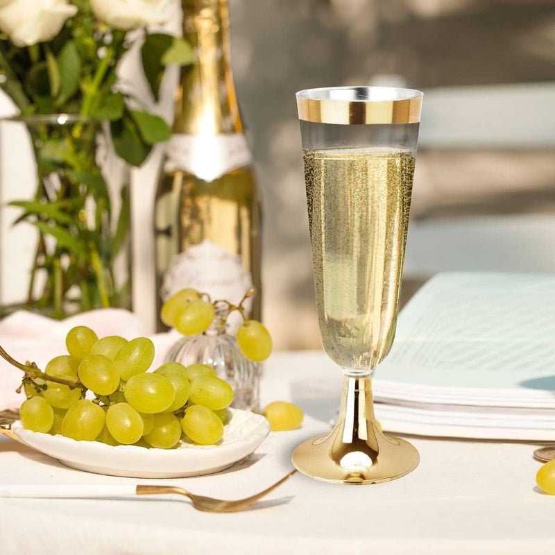 bUCLA 100 Pack Gold Plastic Champagne Flutes - 5OZ Plastic Champagne Glasses With Gold Rim - Premium Quality Gold Disposable Cups-Ideal for Thanksgiving Party, Weddings - Image 2