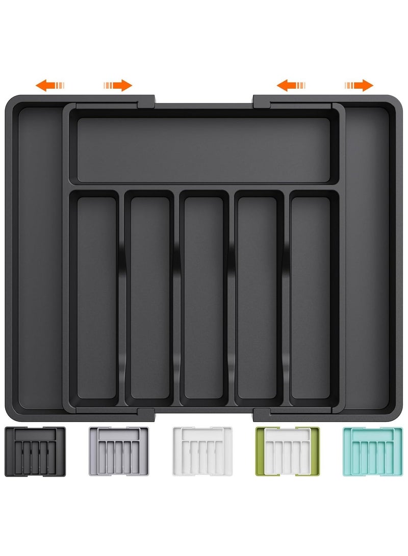 Silverware Drawer Organizer, Expandable Utensil Tray for Kitchen, BPA Free Flatware and Cutlery Holder, Adjustable Plastic Storage for Spoons Forks Knives, Large, Black  - Image 1