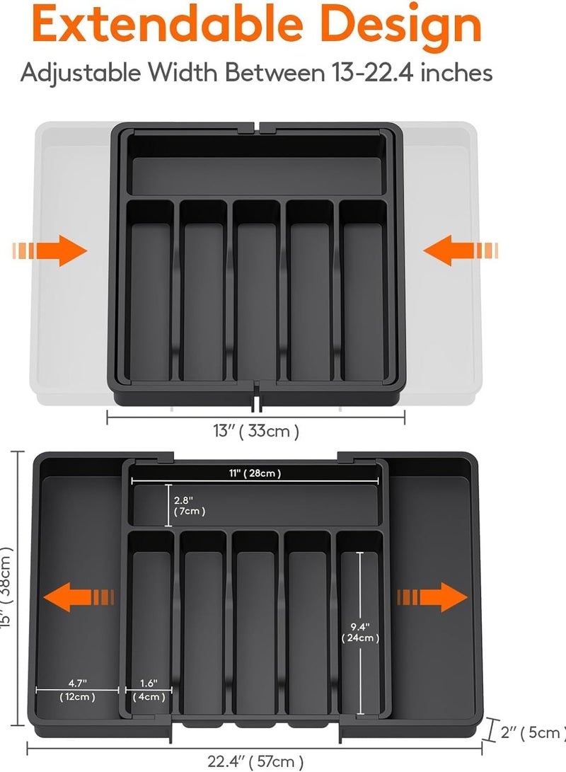 Silverware Drawer Organizer, Expandable Utensil Tray for Kitchen, BPA Free Flatware and Cutlery Holder, Adjustable Plastic Storage for Spoons Forks Knives, Large, Black  - Image 3