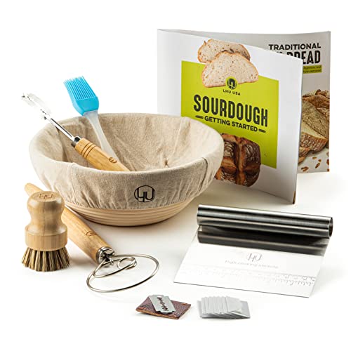 LHU Sourdough Start Kit - Sourdough Bread Baking Supplies with Banneton Bread Proofing Basket Bowl, Cloth, Whisk, Bread Lame, Dough Scraper, 2 Brushes - Sourdough Starter Kit Bread Making & Baking Tools - Image 1