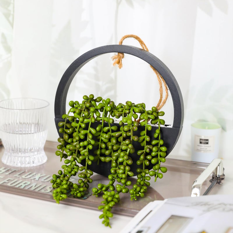 Floweroyal 2pcs Artificial Succulents Hanging Plants 12.2'' Fake String of Pearls in Pot with 8.3'' Lanyard for Indoor Outdoor Wall Decor (Black). - Image 4