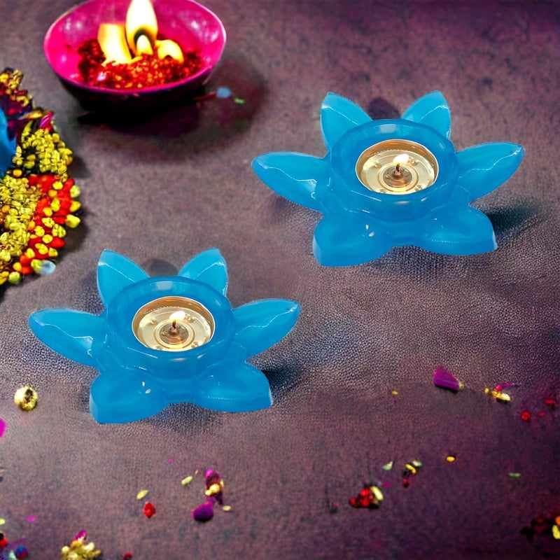 Gift Delight Candle Holder Handmade Lotus Shape Tea Light Candle Holder Set of 2 Pcs Blue Colour  - Image 1