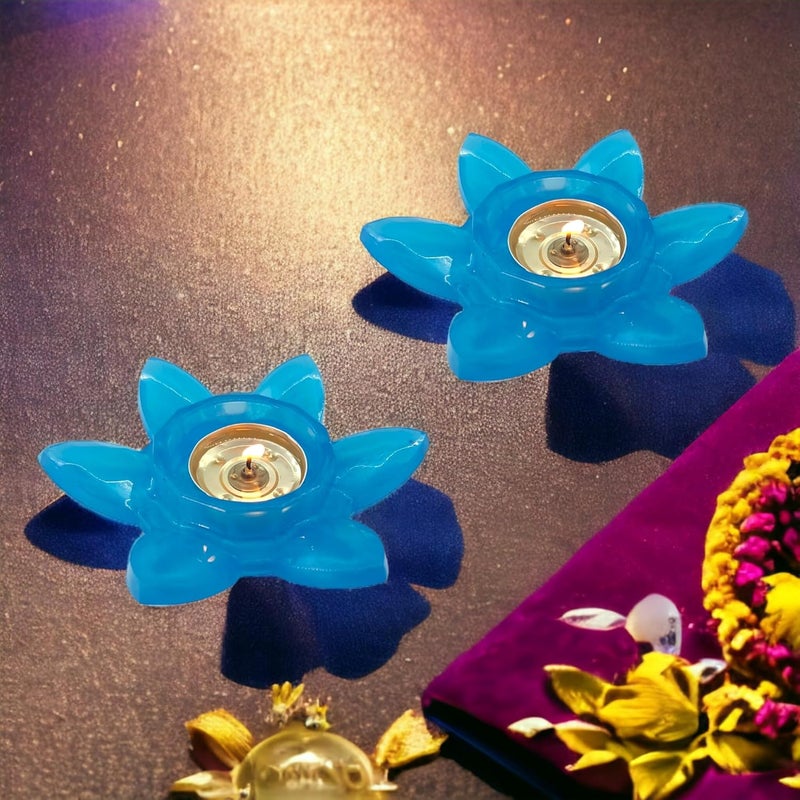 Gift Delight Candle Holder Handmade Lotus Shape Tea Light Candle Holder Set of 2 Pcs Blue Colour  - Image 2
