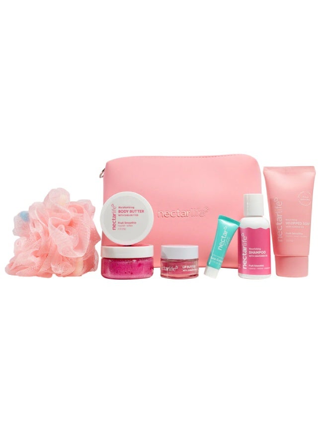 Nectar Life Nectar New Travel Bag Kit - Glow on the Go (Fruit Smoothie Whipped Soap, Body Scrub, Body Butter, Shampoo Pink Loofah, Strawberry Lip Butter, Ultra-Hydrating Face Cream) - Image 1