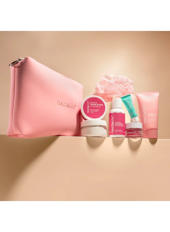 Nectar Life Nectar New Travel Bag Kit - Glow on the Go (Fruit Smoothie Whipped Soap, Body Scrub, Body Butter, Shampoo Pink Loofah, Strawberry Lip Butter, Ultra-Hydrating Face Cream) - Image 4