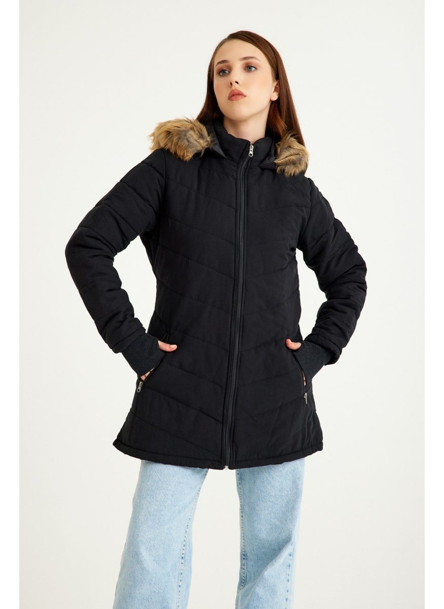 Barbora Winter Women's Hooded Fur Coat with Gloves BT121BLACK5  - Image 1