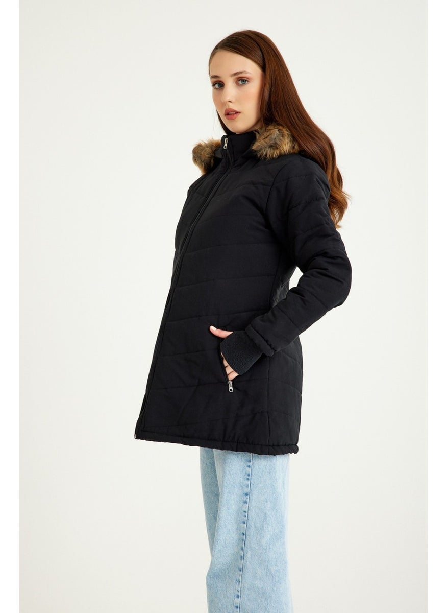 Barbora Winter Women's Hooded Fur Coat with Gloves BT121BLACK5  - Image 3