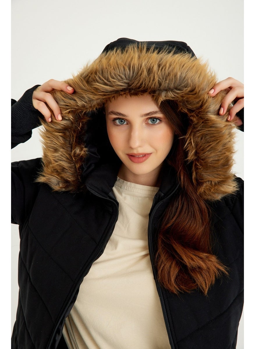 Barbora Winter Women's Hooded Fur Coat with Gloves BT121BLACK5  - Image 2