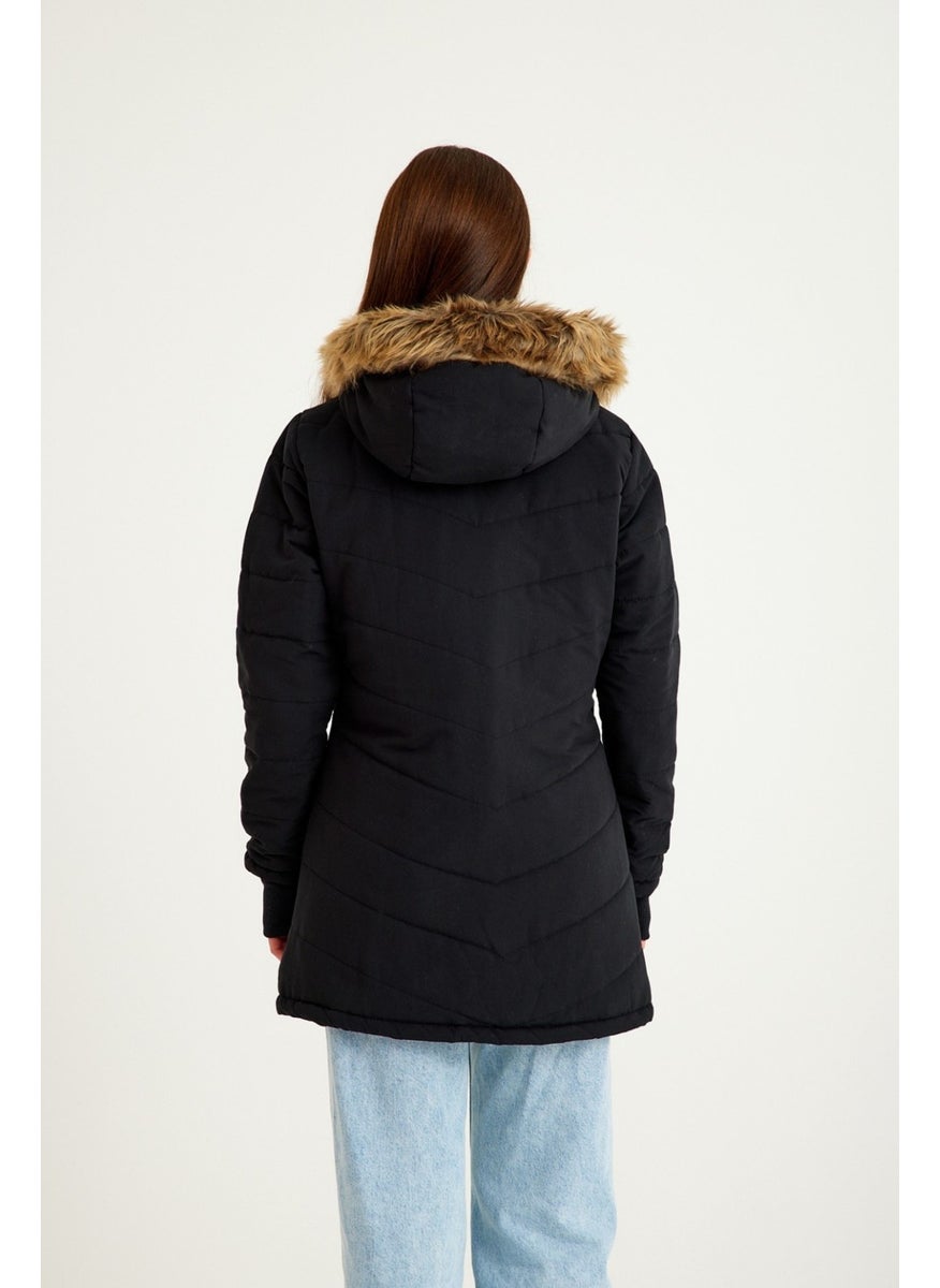 Barbora Winter Women's Hooded Fur Coat with Gloves BT121BLACK5  - Image 4