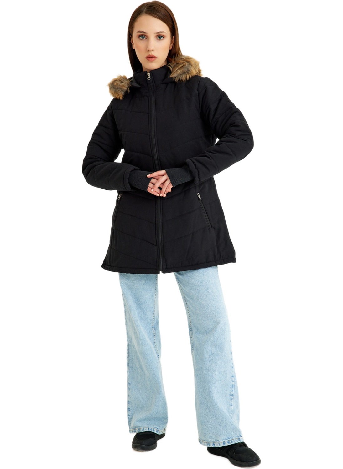 Barbora Winter Women's Hooded Fur Coat with Gloves BT121BLACK5  - Image 5