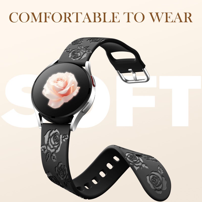 DaQin Bands Compatible with Samsung Galaxy Watch 7 6 5 4 40mm/Watch 6 Classic 47mm/Watch 4 Classic/Active 2, 20mm Glossy Floral Engraved Silicone Strap for Galaxy Watch 6 Band Women, Black - Image 3