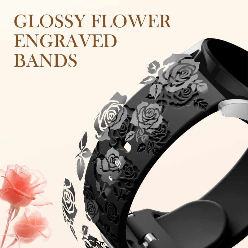 DaQin Bands Compatible with Samsung Galaxy Watch 7 6 5 4 40mm/Watch 6 Classic 47mm/Watch 4 Classic/Active 2, 20mm Glossy Floral Engraved Silicone Strap for Galaxy Watch 6 Band Women, Black - Image 2