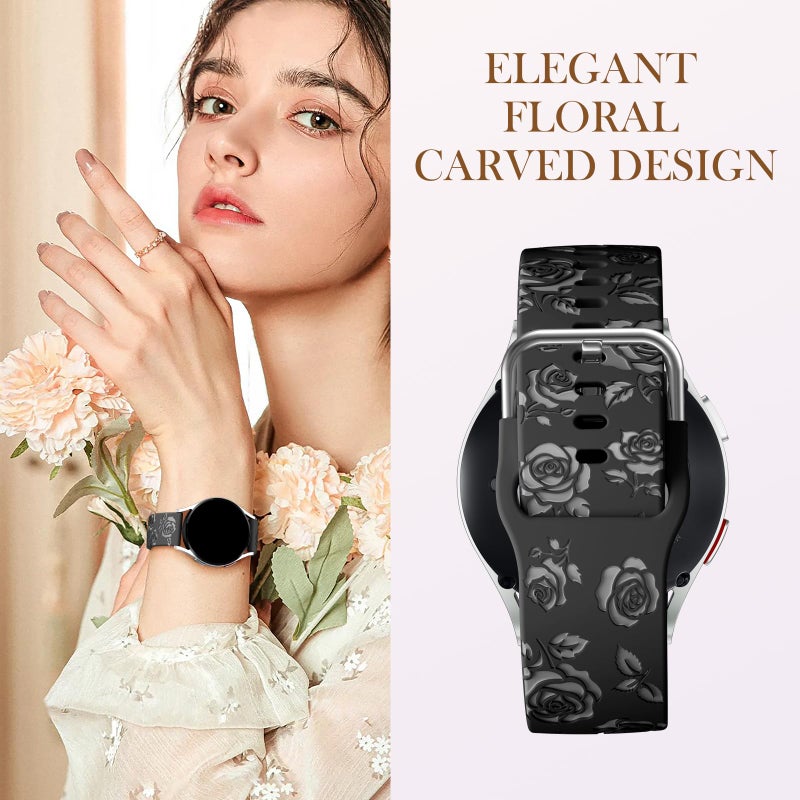 DaQin Bands Compatible with Samsung Galaxy Watch 7 6 5 4 40mm/Watch 6 Classic 47mm/Watch 4 Classic/Active 2, 20mm Glossy Floral Engraved Silicone Strap for Galaxy Watch 6 Band Women, Black - Image 5