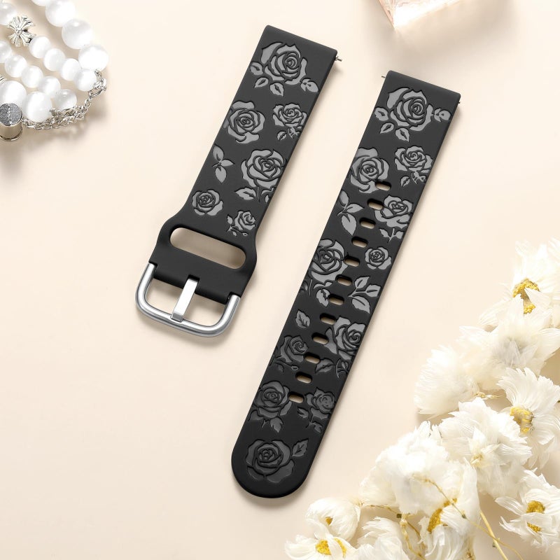 DaQin Bands Compatible with Samsung Galaxy Watch 7 6 5 4 40mm/Watch 6 Classic 47mm/Watch 4 Classic/Active 2, 20mm Glossy Floral Engraved Silicone Strap for Galaxy Watch 6 Band Women, Black - Image 4