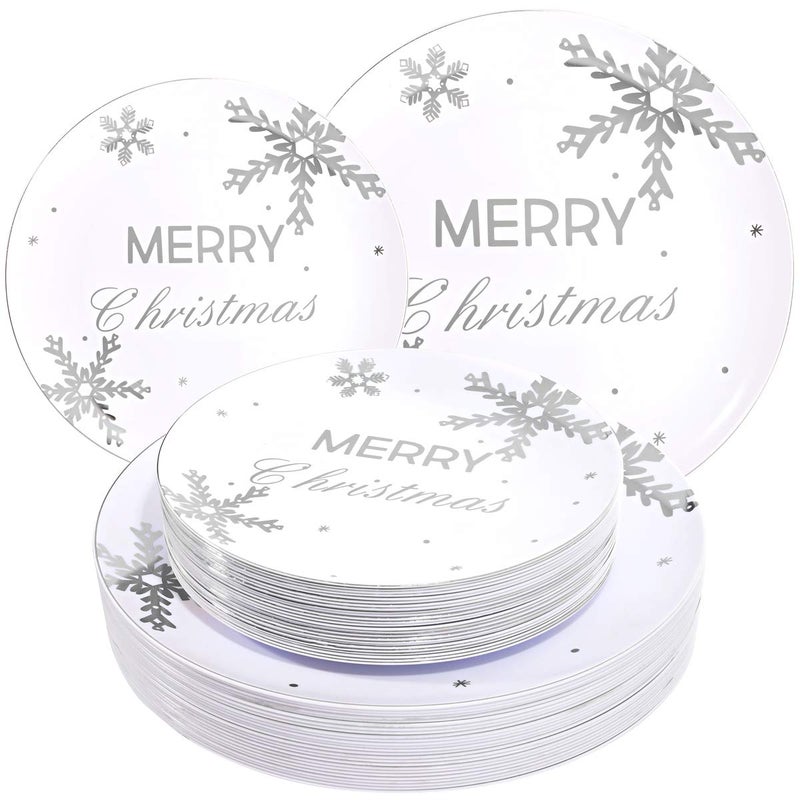 WDF 50Pieces Christmas Silver Plastic Plates Snowflake Plastic PlatesHeavyweight White and Silver Disposable Plates for Christmas