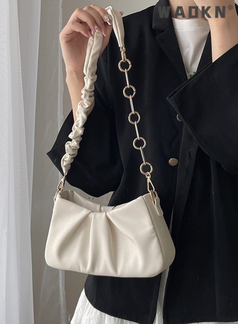 WAOKN Women's High-quality Versatile Shoulder Bag, Ladies Textured Chain Underarm Bag Side Bag Sling Bag, Fashionable Solid Color Handbag Carrying Bag Tote Bags for Teenagers and Youth(White) - Image 1