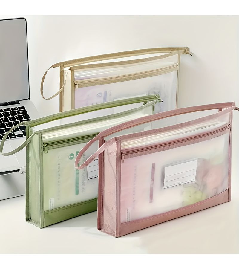 Yellow Large Capacity A4 Transparent Mesh File Bag Double Zipper Storage Pouch Thickened Polyester Office Organizer Student Stationery Supply - Image 1