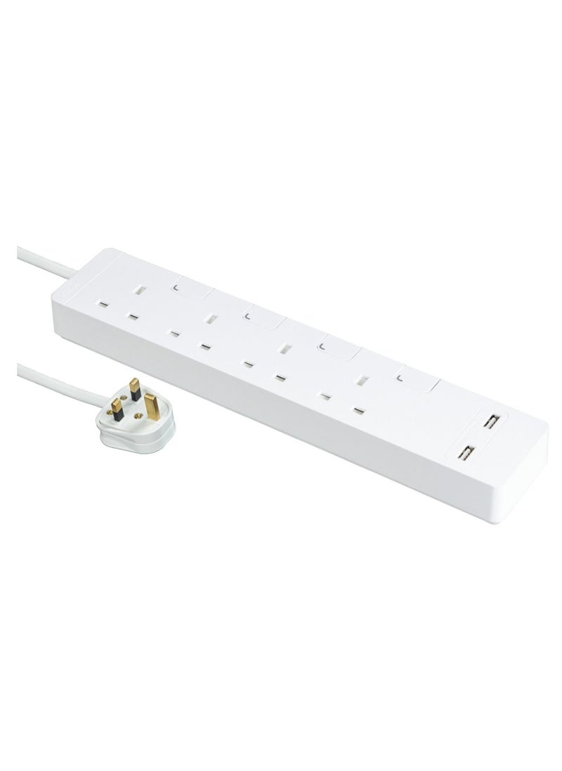Schneider Electric Schneider Electric AvatarOn Extension Plug /Cord /cable with 4 Trailing Sockets with individual switch and 2 USB, 3M, Power Socket/ Strips/ Multi Plug, White - (TSH36U_3_WE)  - Image 1