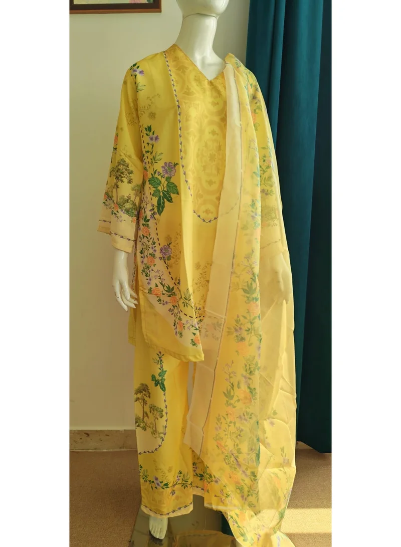 Bazm-A Fashion Atelier  YEGREEN 3-Piece Printed Women's Ethnic Wear Suit - Yellow for Women | Best Price UAE