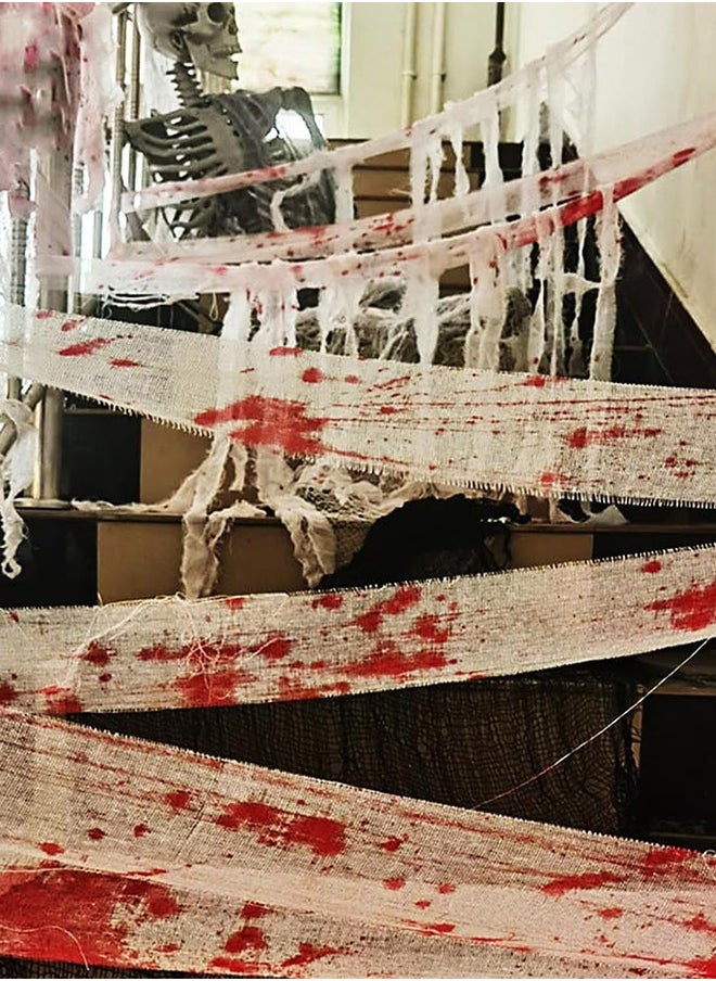 JCB CHIC Halloween Decorations Creepy Cloth,2 Pcs HalloweenGauze,Super Size Halloween Scary Gauze Cloth，for Haunted House Creepy and Spooky Halloween Decorations (White-Red, 10m)  - Image 1