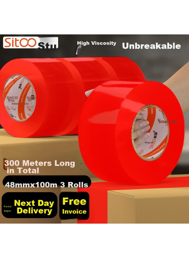 SITOO Colored Tape, Labeling Classification Tape, Packaging Tape, Express Delivery Tape, Red, 48mm*100m, 3 Rolls - Image 1