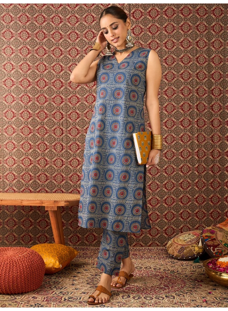Ameya  Blue-printed-pure-cotton-straight-kurta-trouser-set for Women | Best Price UAE