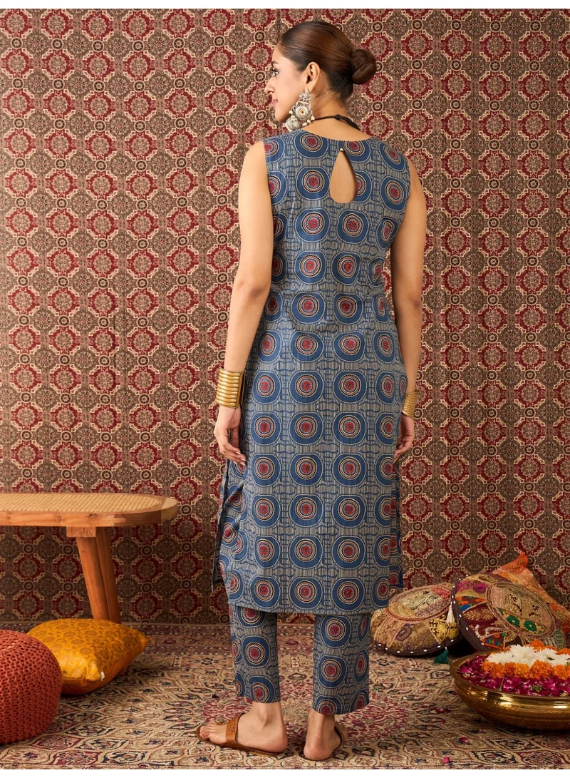 Ameya  Blue-printed-pure-cotton-straight-kurta-trouser-set for Women | Best Price UAE