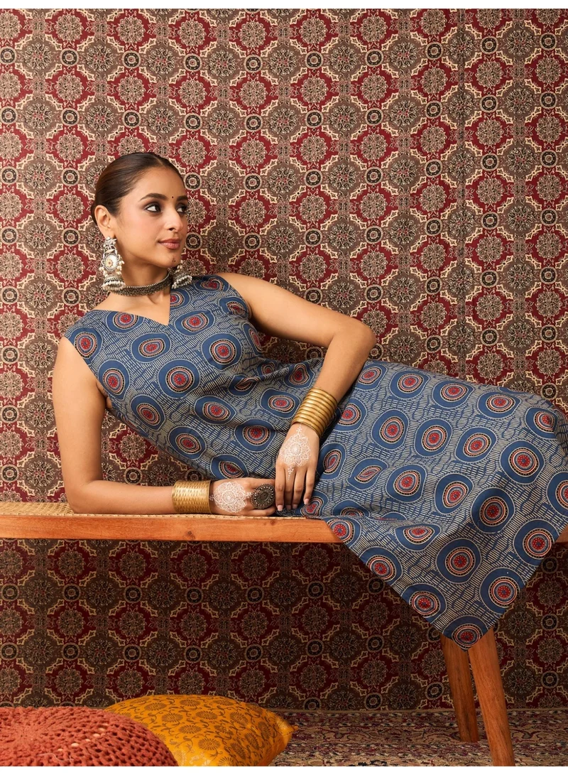 Ameya  Blue-printed-pure-cotton-straight-kurta-trouser-set for Women | Best Price UAE
