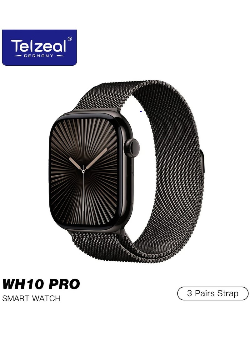 تلزيل ساعة ذكية من Telzeal WH10 PRO Series 10 مقاومة للماء مع 3 خيارات للحزام وشحن لاسلكي مصممة للسيدات والرجال باللون الأسود - Image 1