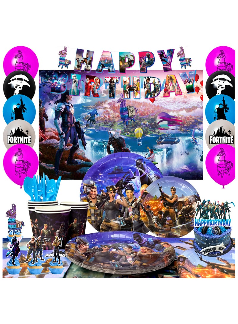 ILovhaprty Fortnite Birthday Decorations, 98 pcs Fortnite Party Decorations & Fortnite Party Tableware Set - Fortnite Birthday Banners Balloons Plates Napkins etc Fortnite Birthday Party Supplies for Kids - Image 1