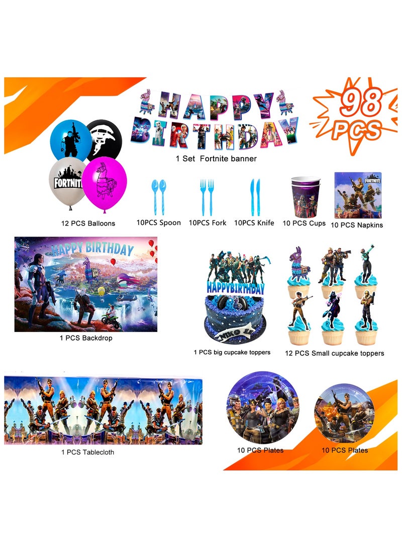 ILovhaprty Fortnite Birthday Decorations, 98 pcs Fortnite Party Decorations & Fortnite Party Tableware Set - Fortnite Birthday Banners Balloons Plates Napkins etc Fortnite Birthday Party Supplies for Kids - Image 2