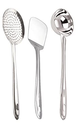 Bekner Stainless Steel Cooking and Serving Spoon Set for Kitchen (Ladle + Skimmer + Turner) - Image 1