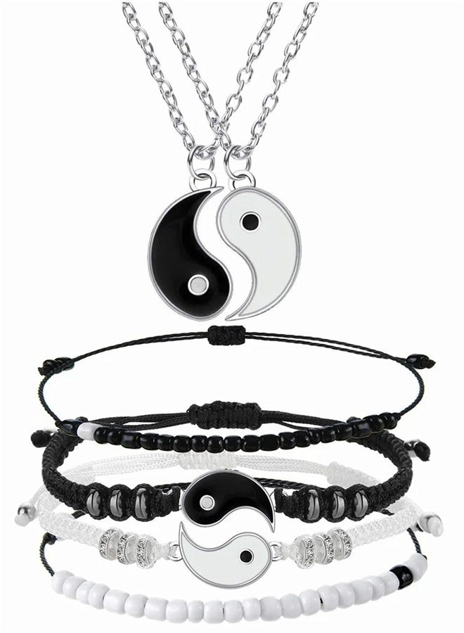 6 Pieces Matching Yin Yang Friend Couple Bracelets with Necklace Set, Adjustable Waterproof Handmade Cord Relationship Bracelets for Friendship Boyfriend Girlfriend - Image 1