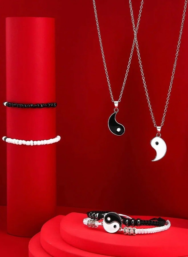 6 Pieces Matching Yin Yang Friend Couple Bracelets with Necklace Set, Adjustable Waterproof Handmade Cord Relationship Bracelets for Friendship Boyfriend Girlfriend - Image 5